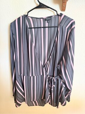 torrid Gray and Pink Vertical Stripe Wrap Top